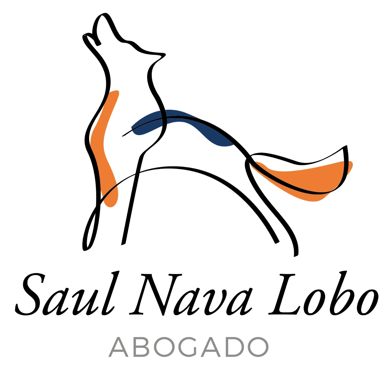 Saúl Nava Lobo, abogado. Logotipo de un lobo con trazos azules y naranjas.